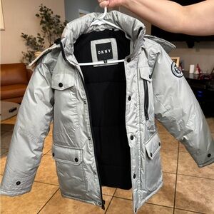 Dkny Silver Puffer Jacket with Hood and Fur Trim
